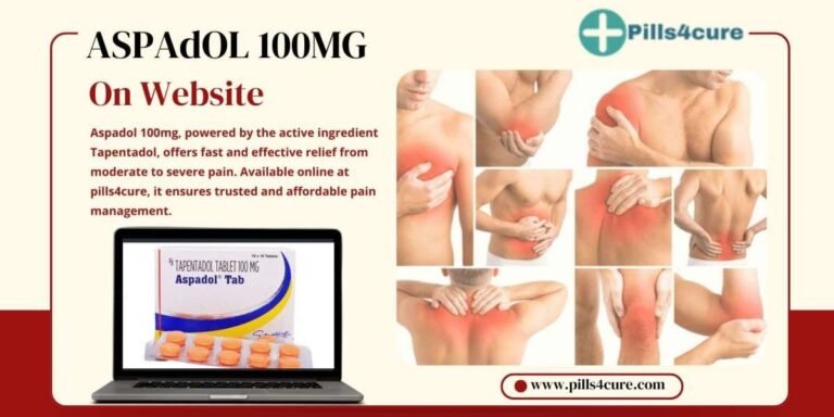 Aspadol 100mg tablets with Tapentadol for fast relief from muscle, joint, and nerve pain, shown with body pain areas.