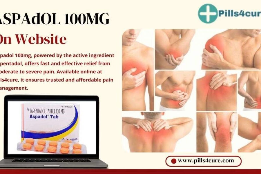 Aspadol 100mg tablets with Tapentadol for fast relief from muscle, joint, and nerve pain, shown with body pain areas.