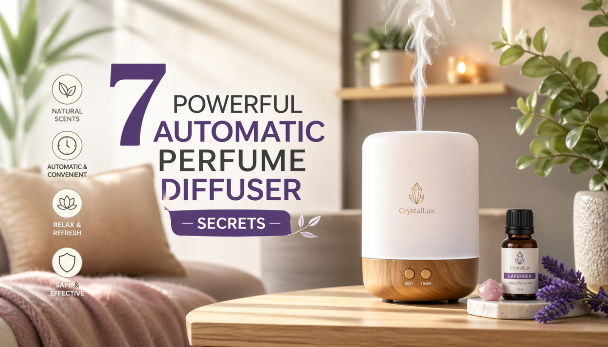 Automatic perfume diffuser releasing mist on a wooden table with essential oil bottle in a modern living room setting
