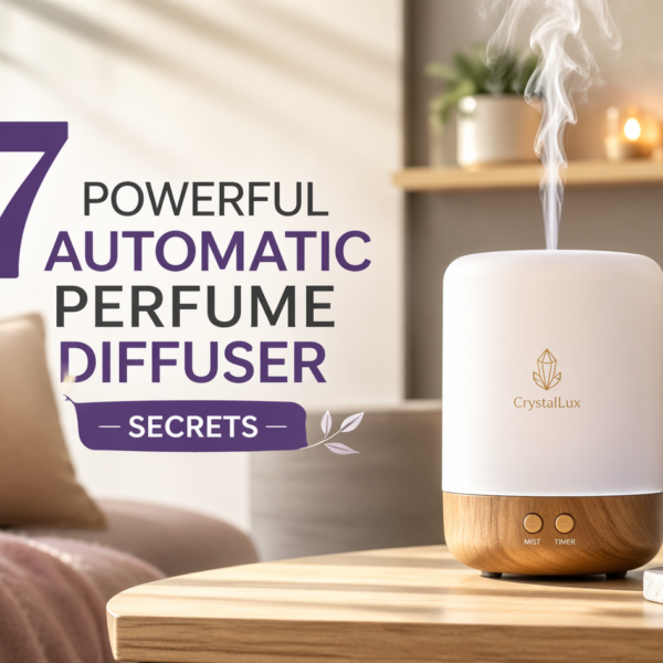 Automatic perfume diffuser releasing mist on a wooden table with essential oil bottle in a modern living room setting