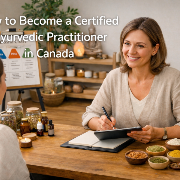 Ayurvedic practitioner consulting with client in a calm wellness clinic in Canada with herbal ingredients and dosha chart