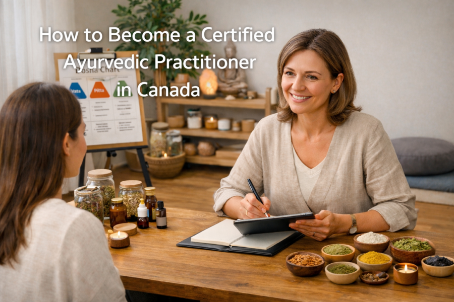 Ayurvedic practitioner consulting with client in a calm wellness clinic in Canada with herbal ingredients and dosha chart