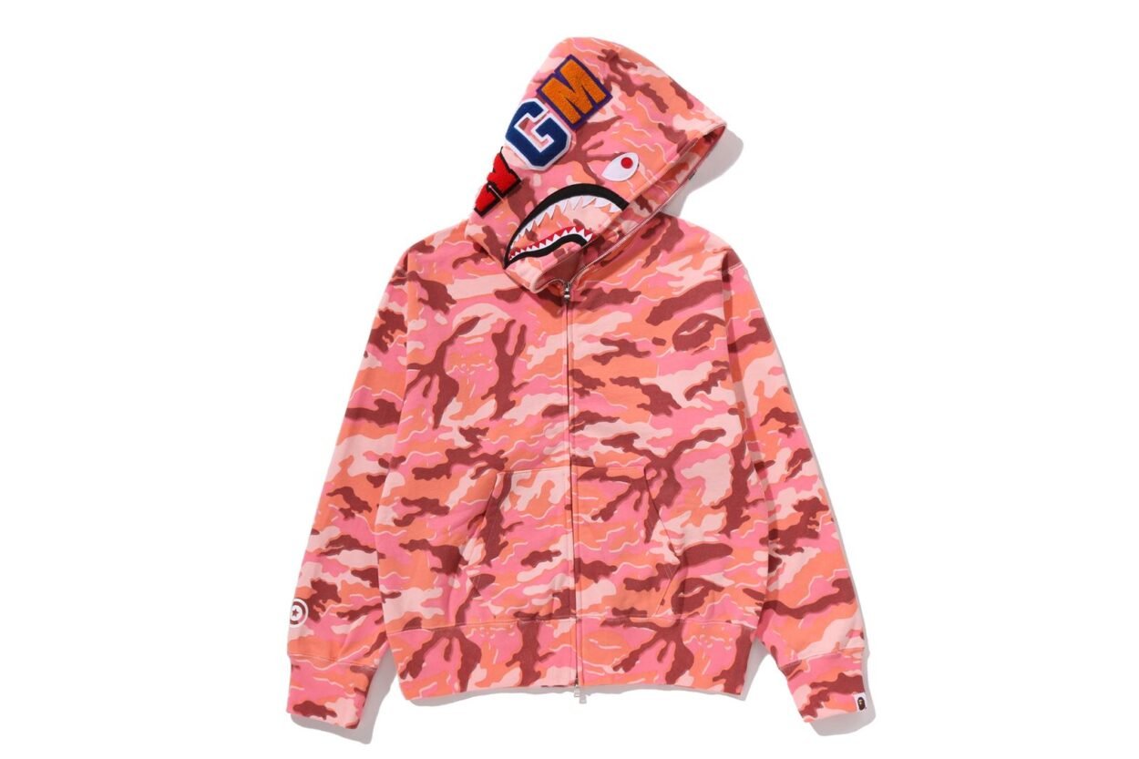 BAPE GLITCH WOODLAND CAMO SHARK FULL ZIP HOODIE LADIES Pink