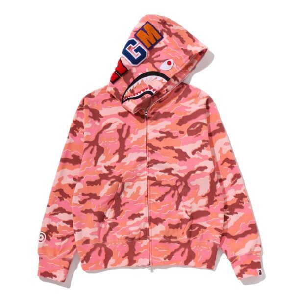 BAPE GLITCH WOODLAND CAMO SHARK FULL ZIP HOODIE LADIES Pink