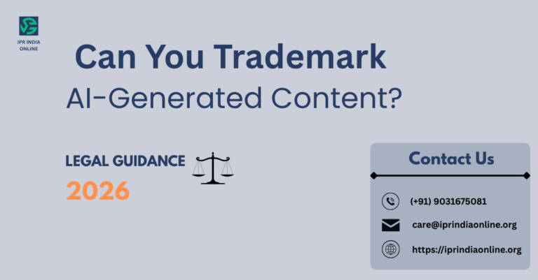 Legal concept of trademarking AI generated content with branding, AI-generated content can be registered for trademark in India 2026.