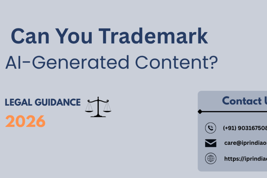 Legal concept of trademarking AI generated content with branding, AI-generated content can be registered for trademark in India 2026.