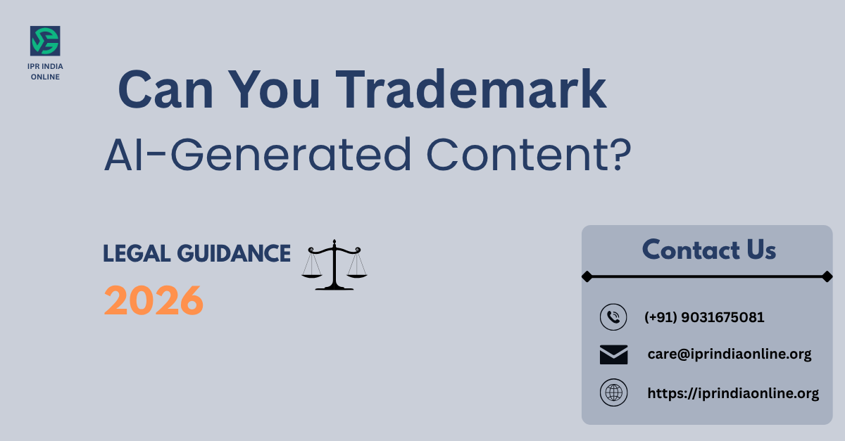 Legal concept of trademarking AI generated content with branding, AI-generated content can be registered for trademark in India 2026.
