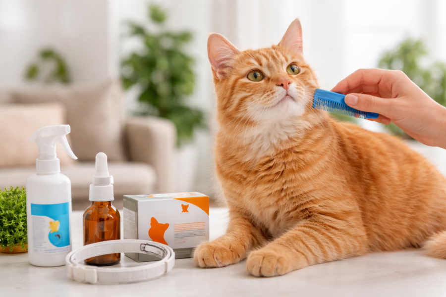Cat grooming with flea treatment products