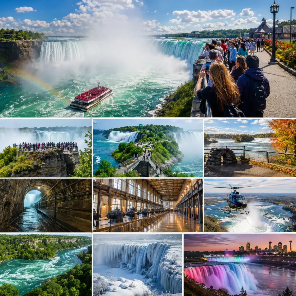 Niagara Falls Tours Canada collage showing Horseshoe Falls, scenic viewpoints, boat ride, tunnel experience, helicopter view, and seasonal landscapes from multiple perspectives