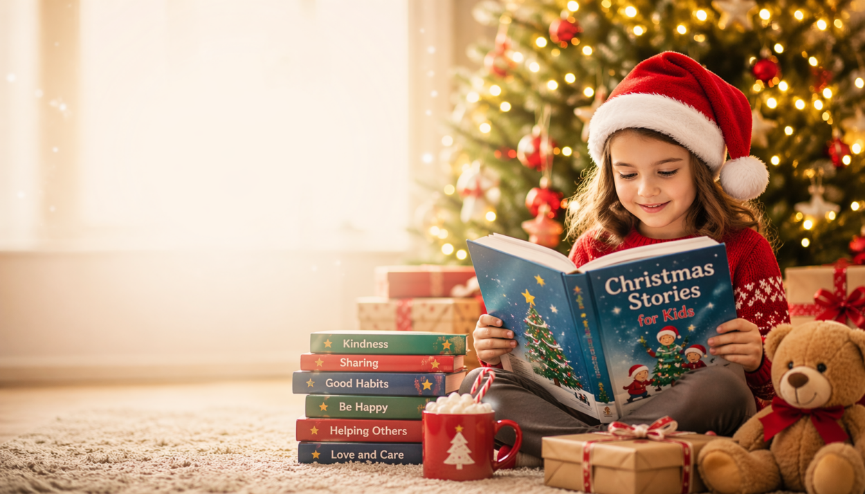 Child reading a Christmas book near a decorated tree with holiday lights, gifts, and a cozy festive setting.
