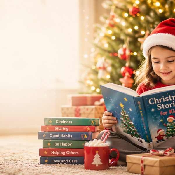 Child reading a Christmas book near a decorated tree with holiday lights, gifts, and a cozy festive setting.