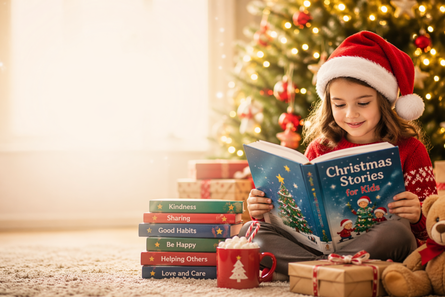 Child reading a Christmas book near a decorated tree with holiday lights, gifts, and a cozy festive setting.