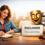 A writer creating a fictional story with a disclaimer sign, theatrical masks, and a gavel symbolizing legal protection and storytelling clarity