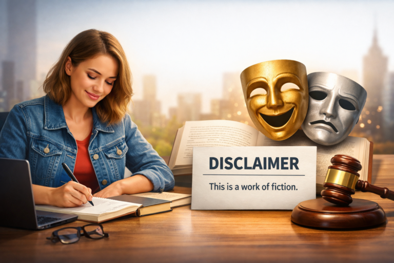 A writer creating a fictional story with a disclaimer sign, theatrical masks, and a gavel symbolizing legal protection and storytelling clarity