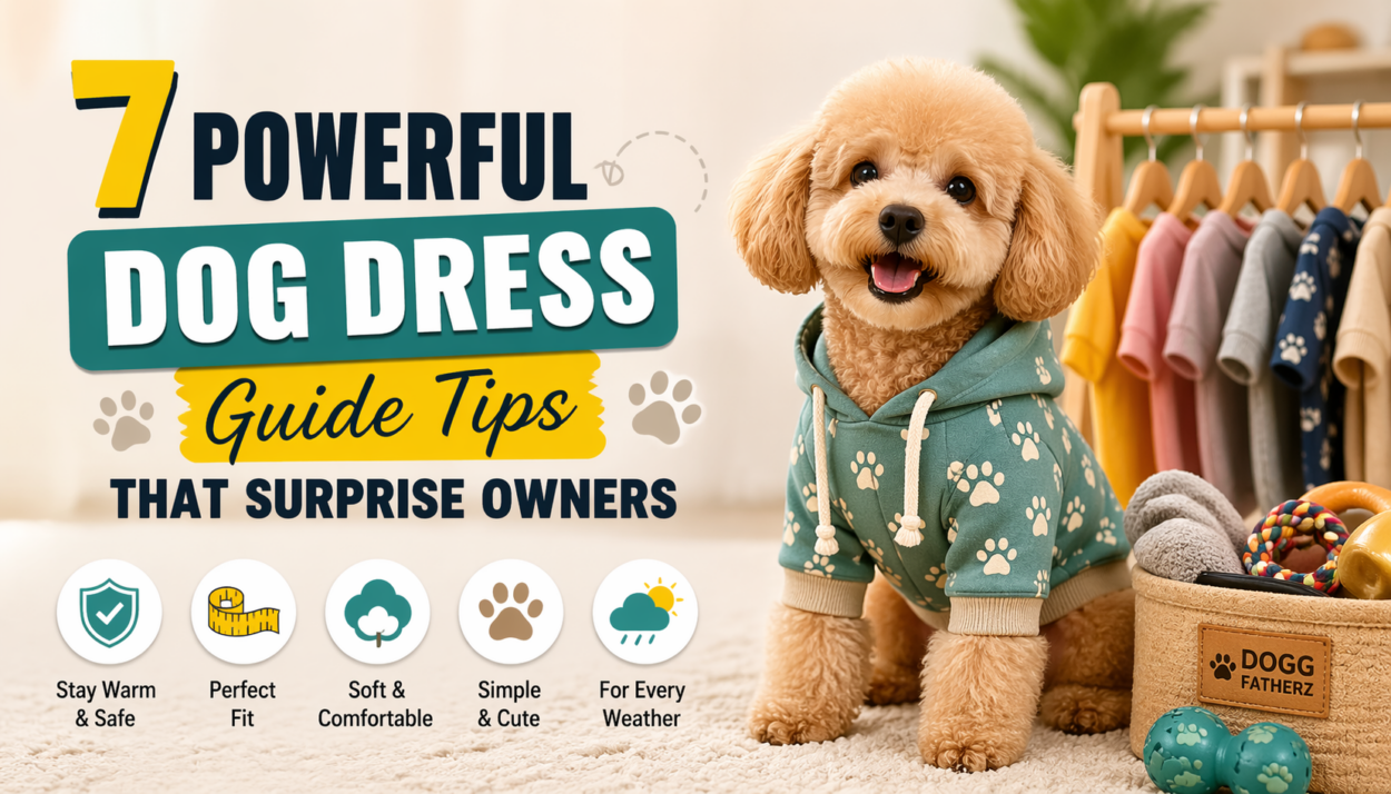 Cute small dog wearing a green paw print hoodie sitting indoors next to dog clothes and toys, representing a dog dress guide for comfort and style
