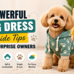 Cute small dog wearing a green paw print hoodie sitting indoors next to dog clothes and toys, representing a dog dress guide for comfort and style