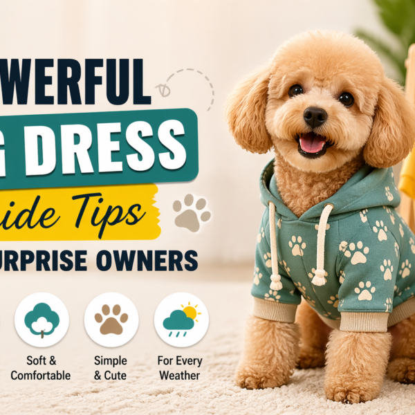 Cute small dog wearing a green paw print hoodie sitting indoors next to dog clothes and toys, representing a dog dress guide for comfort and style