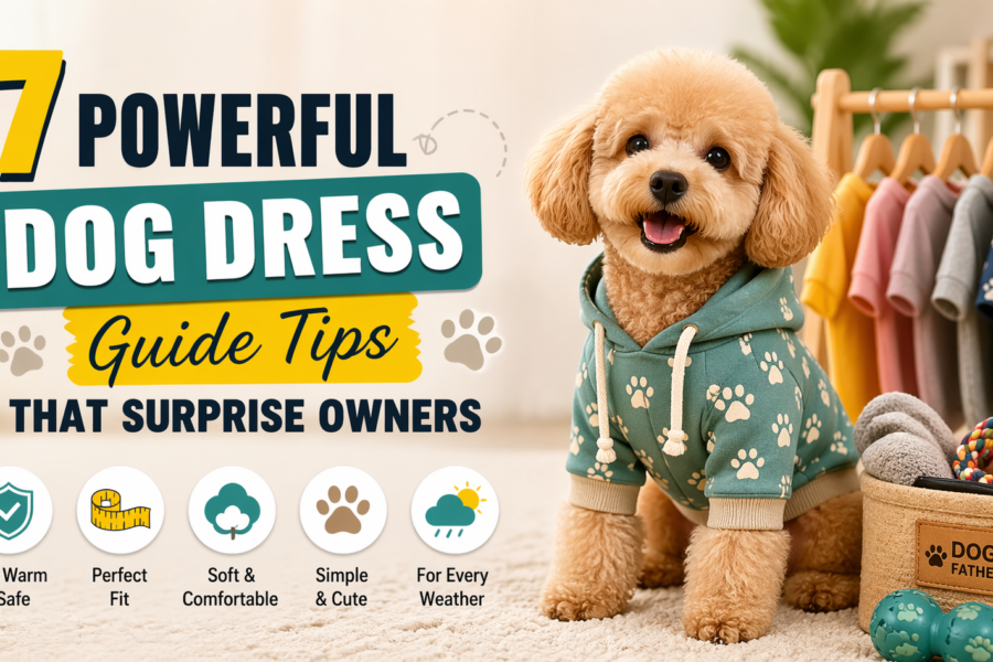 Cute small dog wearing a green paw print hoodie sitting indoors next to dog clothes and toys, representing a dog dress guide for comfort and style