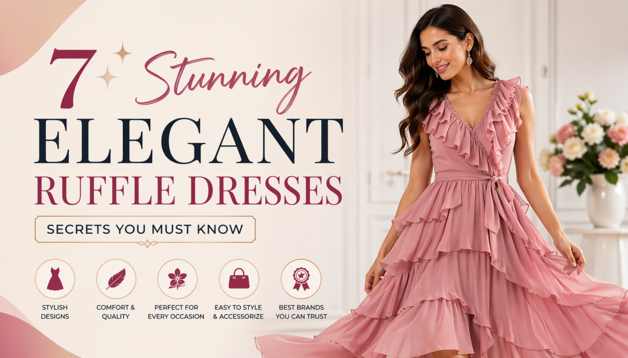 Elegant woman wearing a pink ruffle dress in a modern interior, featured in a stylish blog banner about elegant ruffle dress fashion tips