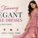 Elegant woman wearing a pink ruffle dress in a modern interior, featured in a stylish blog banner about elegant ruffle dress fashion tips