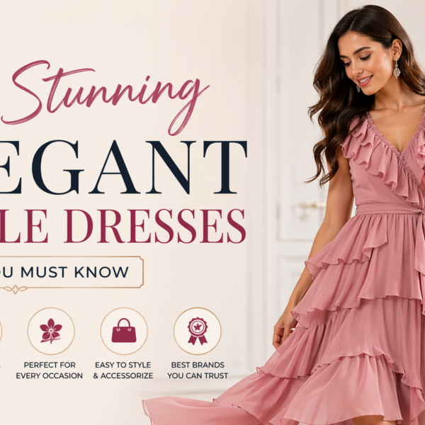 Elegant woman wearing a pink ruffle dress in a modern interior, featured in a stylish blog banner about elegant ruffle dress fashion tips