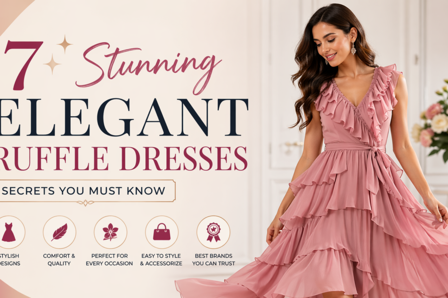Elegant woman wearing a pink ruffle dress in a modern interior, featured in a stylish blog banner about elegant ruffle dress fashion tips