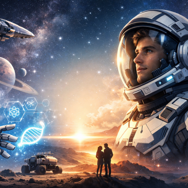 Futuristic astronaut exploring a sci-fi world with planets, advanced technology, and a glowing robotic hand representing science fiction elements