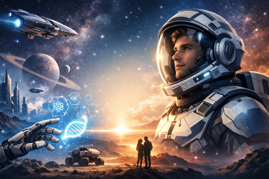 Futuristic astronaut exploring a sci-fi world with planets, advanced technology, and a glowing robotic hand representing science fiction elements