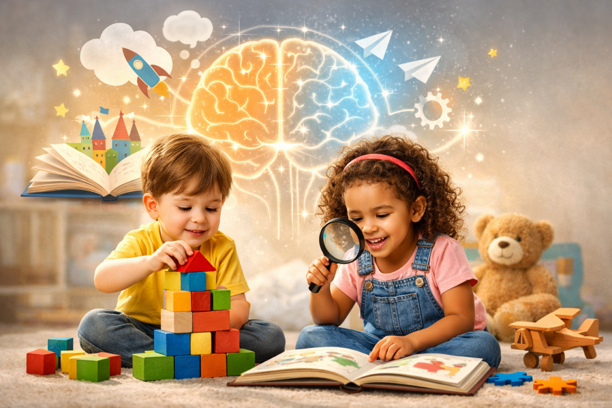 Children playing with blocks and reading a book, representing cognitive development through play and learning activities.