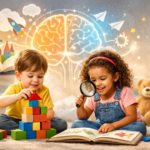 Children playing with blocks and reading a book, representing cognitive development through play and learning activities.