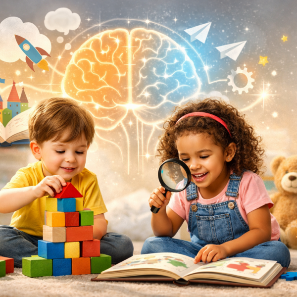 Children playing with blocks and reading a book, representing cognitive development through play and learning activities.