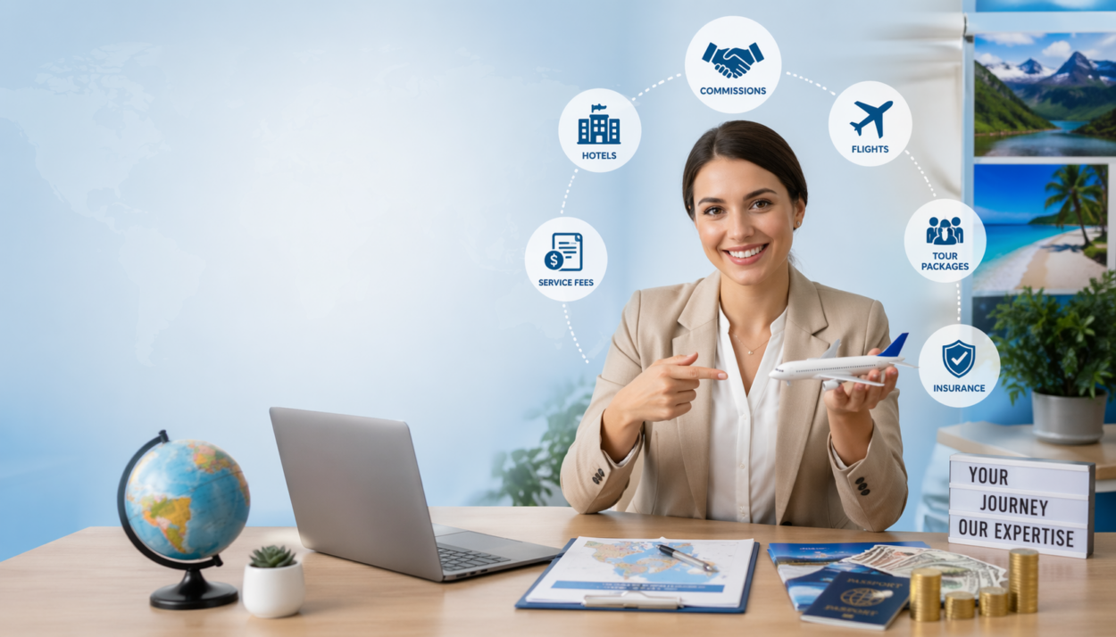 -Smiling travel agent holding a model airplane at a desk with laptop, passport, money, and travel icons showing commissions, flights, hotels, and insurance