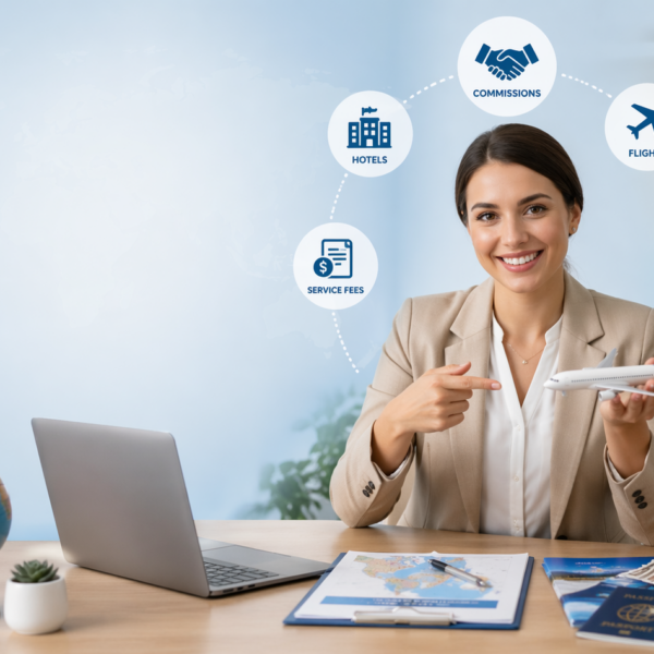 -Smiling travel agent holding a model airplane at a desk with laptop, passport, money, and travel icons showing commissions, flights, hotels, and insurance