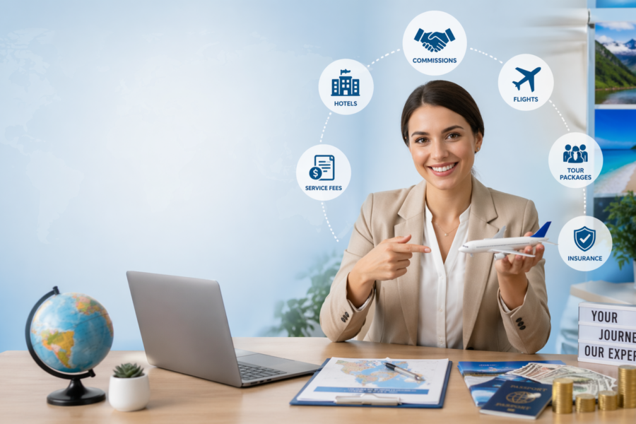 -Smiling travel agent holding a model airplane at a desk with laptop, passport, money, and travel icons showing commissions, flights, hotels, and insurance
