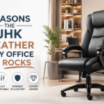 Professional office space featuring the JHK PU Leather luxury executive office chair with ergonomic design, lumbar support, and adjustable features. The sleek, modern chair is highlighted with icons showcasing its key benefits.