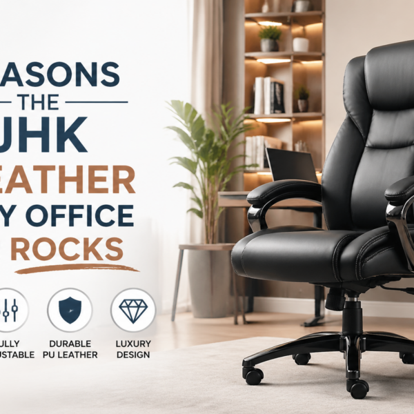 Professional office space featuring the JHK PU Leather luxury executive office chair with ergonomic design, lumbar support, and adjustable features. The sleek, modern chair is highlighted with icons showcasing its key benefits.
