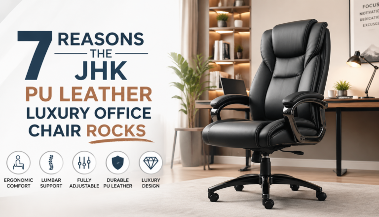 Professional office space featuring the JHK PU Leather luxury executive office chair with ergonomic design, lumbar support, and adjustable features. The sleek, modern chair is highlighted with icons showcasing its key benefits.