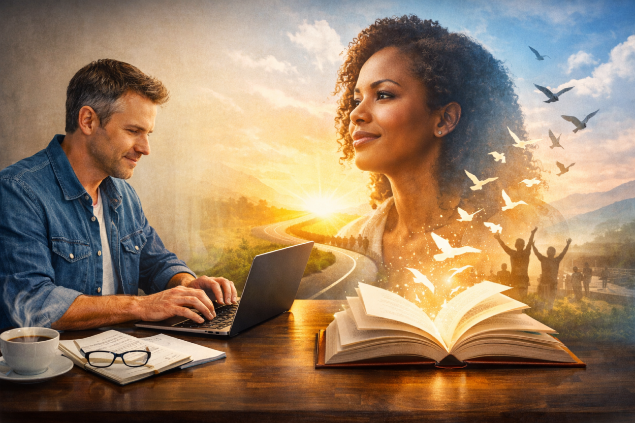 Memoir ghostwriter typing on laptop while a symbolic author figure and glowing open book represent storytelling, life journey, and inspiration