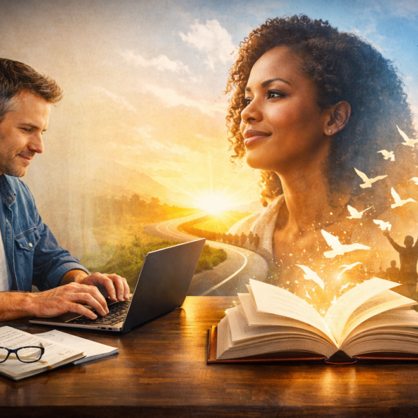 Memoir ghostwriter typing on laptop while a symbolic author figure and glowing open book represent storytelling, life journey, and inspiration