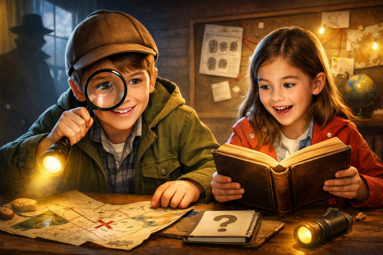 Two children reading a mystery book with a magnifying glass and flashlight, surrounded by clues and maps in an adventurous setting