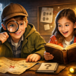 Two children reading a mystery book with a magnifying glass and flashlight, surrounded by clues and maps in an adventurous setting
