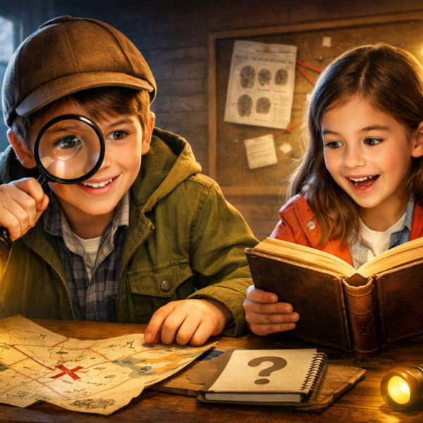 Two children reading a mystery book with a magnifying glass and flashlight, surrounded by clues and maps in an adventurous setting