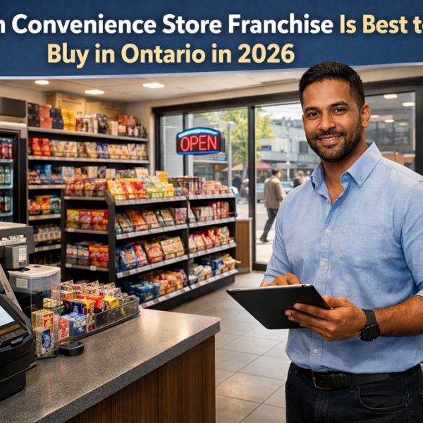 Ontario convenience store franchise interior with entrepreneur using POS system and stocked shelves, 2026 business opportunity.