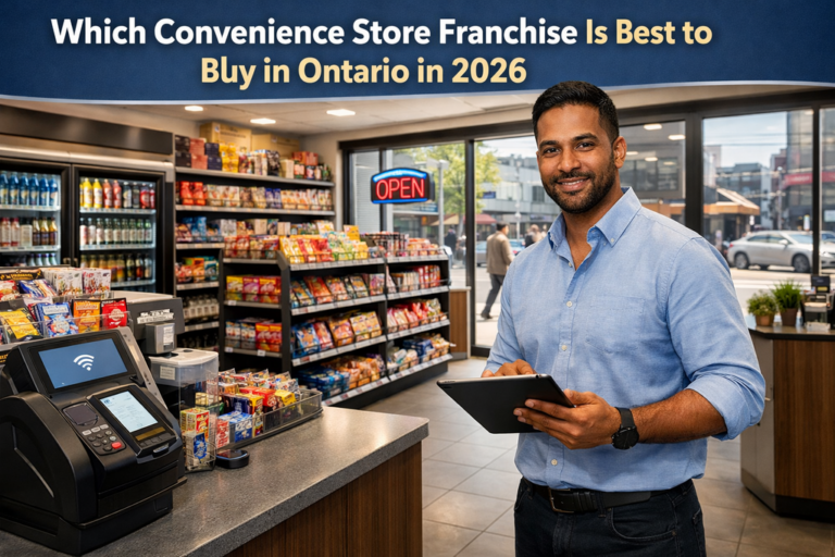 Ontario convenience store franchise interior with entrepreneur using POS system and stocked shelves, 2026 business opportunity.