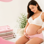 Pregnant woman wearing soft organic cotton maternity underwear sitting comfortably on a bed with folded cotton garments and natural decor