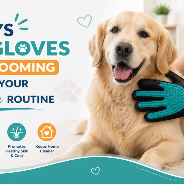 A happy golden retriever being groomed with a pet grooming glove, showcasing the benefits of using gloves for shedding reduction, skin care, and home cleanliness.