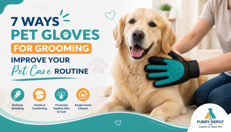 A happy golden retriever being groomed with a pet grooming glove, showcasing the benefits of using gloves for shedding reduction, skin care, and home cleanliness.