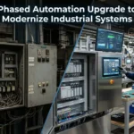 Phased automation upgrade showing old industrial control panel replaced with modern PLC-based system and engineers monitoring digital interface
