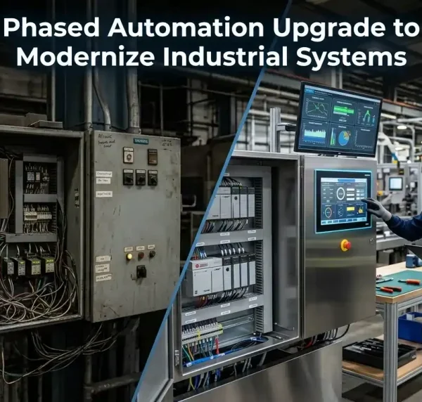 Phased automation upgrade showing old industrial control panel replaced with modern PLC-based system and engineers monitoring digital interface