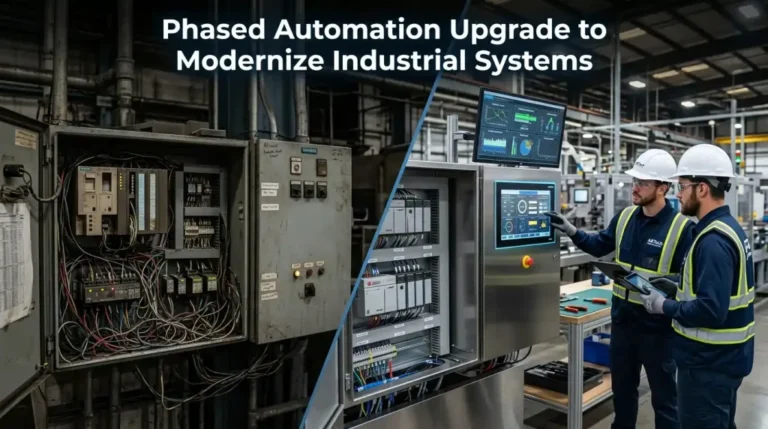 Phased automation upgrade showing old industrial control panel replaced with modern PLC-based system and engineers monitoring digital interface